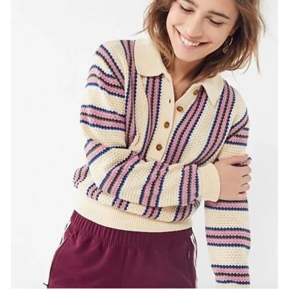 Urban Outfitters Ricky Waffle Knit Long Sleeve Polo Shirt Sweater Medium - Picture 3 of 8